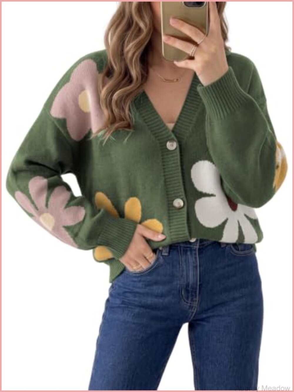 Dokotoo Women's Floral Print Cable Knit V-Neck Button-Down Cardigan Sweater